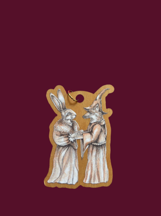 The Hare and Fox ,wooden tag,pendant,altar piece