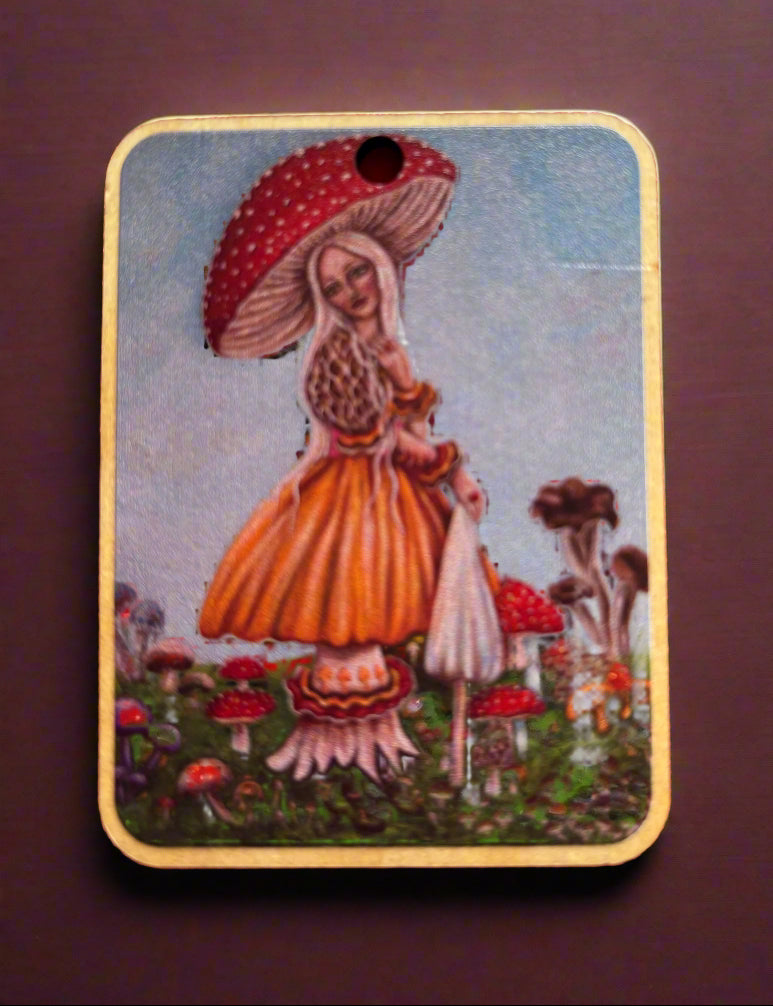 Madame Mushroom,wooden tag,pendant,altar piece